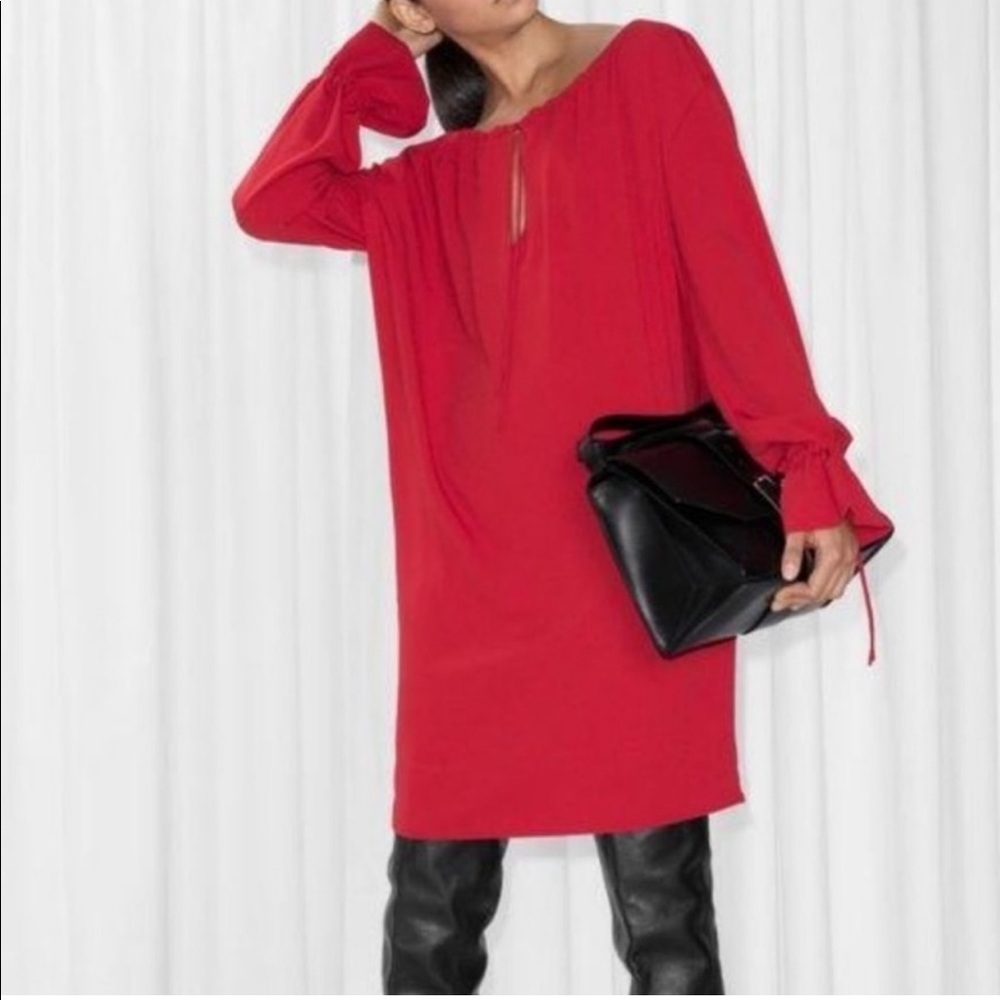 & Other Stories Women’s Red Oversized Tunic Mini Dress L/S Keyhole Neck Size S